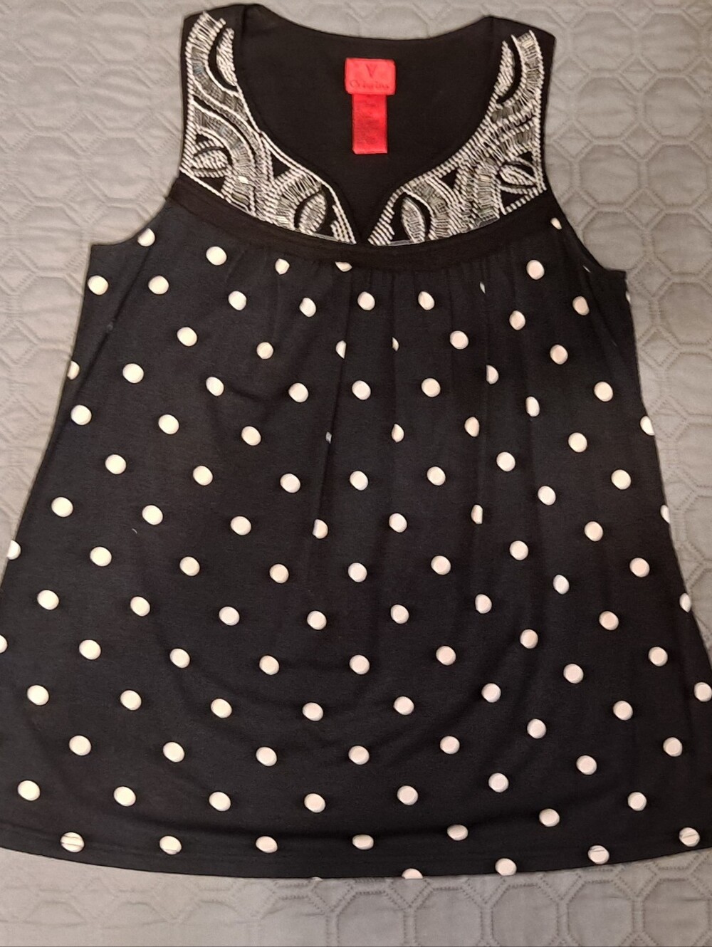 Cristina Black Tank with White Embroidered Trim